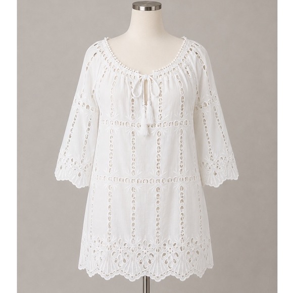 Gretchen Scott Other - Gretchen Scott White Eyelet Lace Bohemian Swim Cover Up Tassel Tie Women's Small